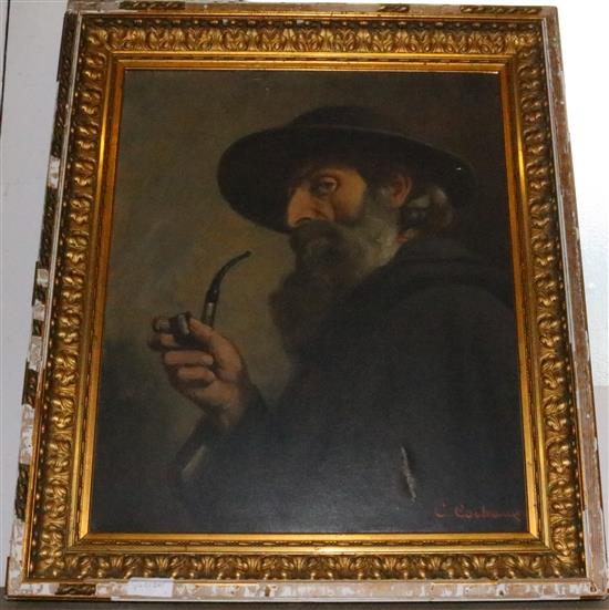 Oil Portrait on canvas of a gentleman with a pipe signed Cochaux